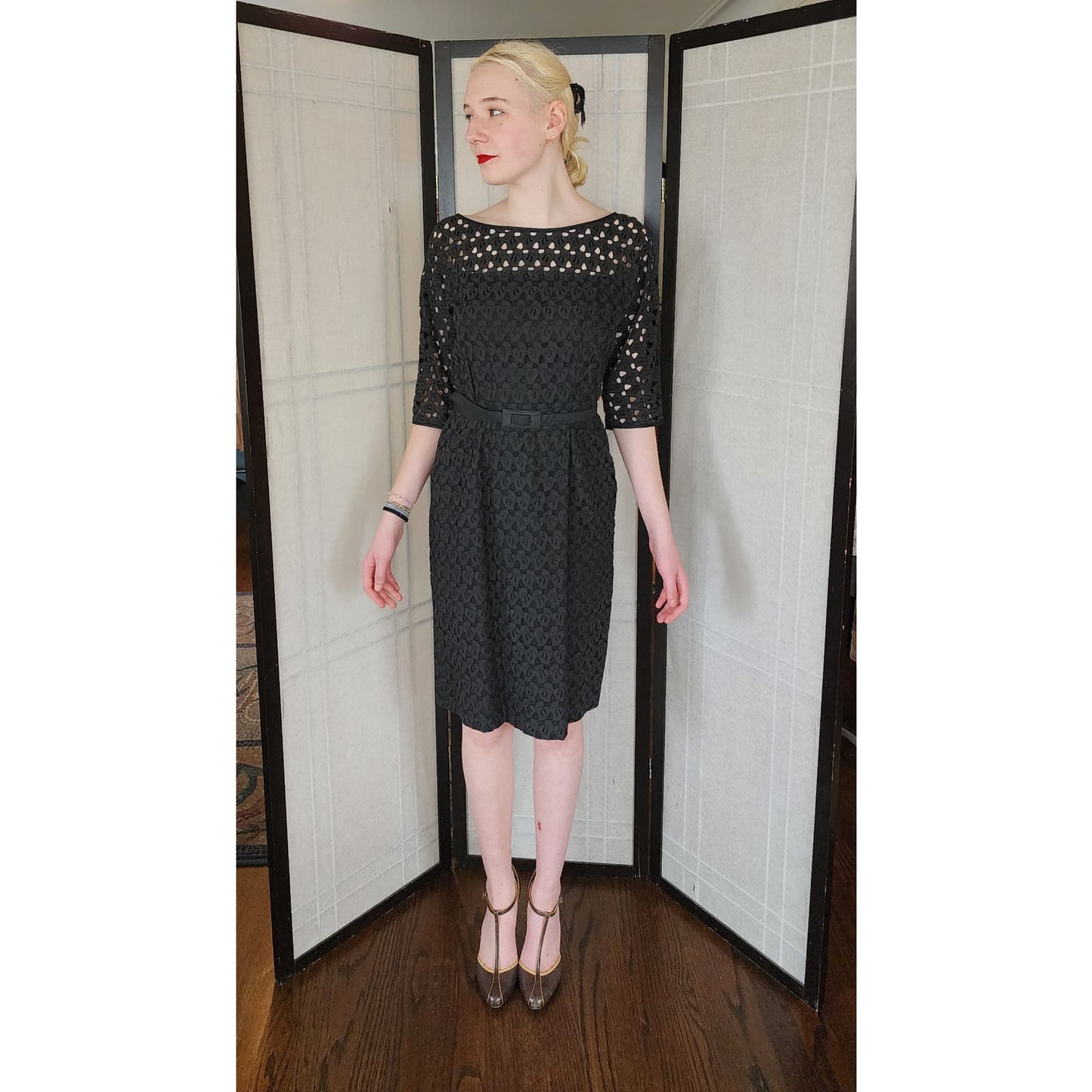 Vintage 50s Black Cocktail Dress Cut Lace Keyhole Back / M