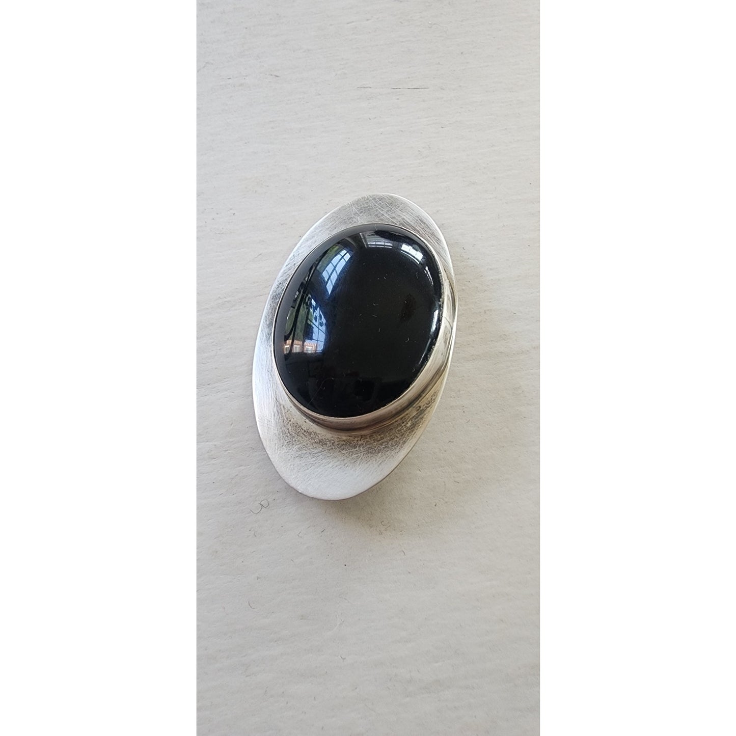 Vintage 90s Silver Brooch Black Onyx & Silver Eye Pin Signed