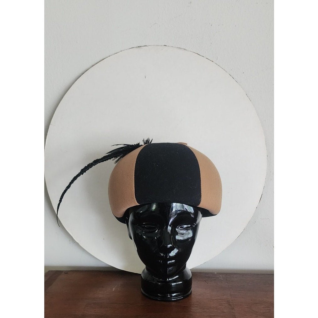 Vintage 60s Mod Bubble Hat Mr John Brown Black Wool felt w/Feather Helmet Style