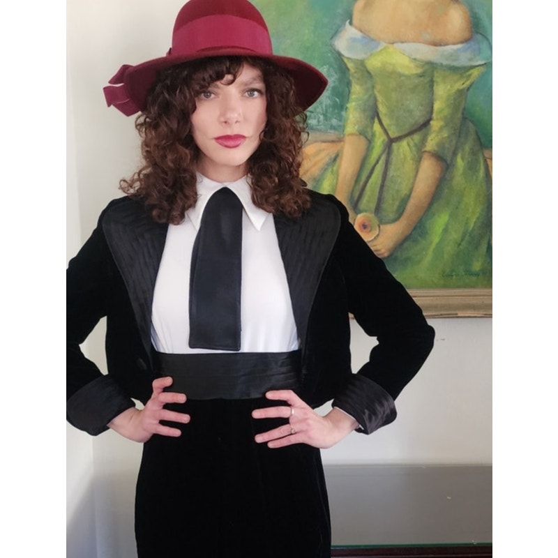 Vintage 70s Tuxedo Style Maxi Dress + Jacket Set Black Velvet Joseph Stein Muriel Reade