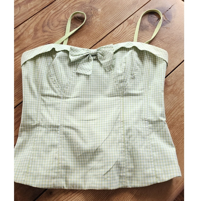Vintage 2000s Bustier Top Green Gingham Print Nanette Lepore / M