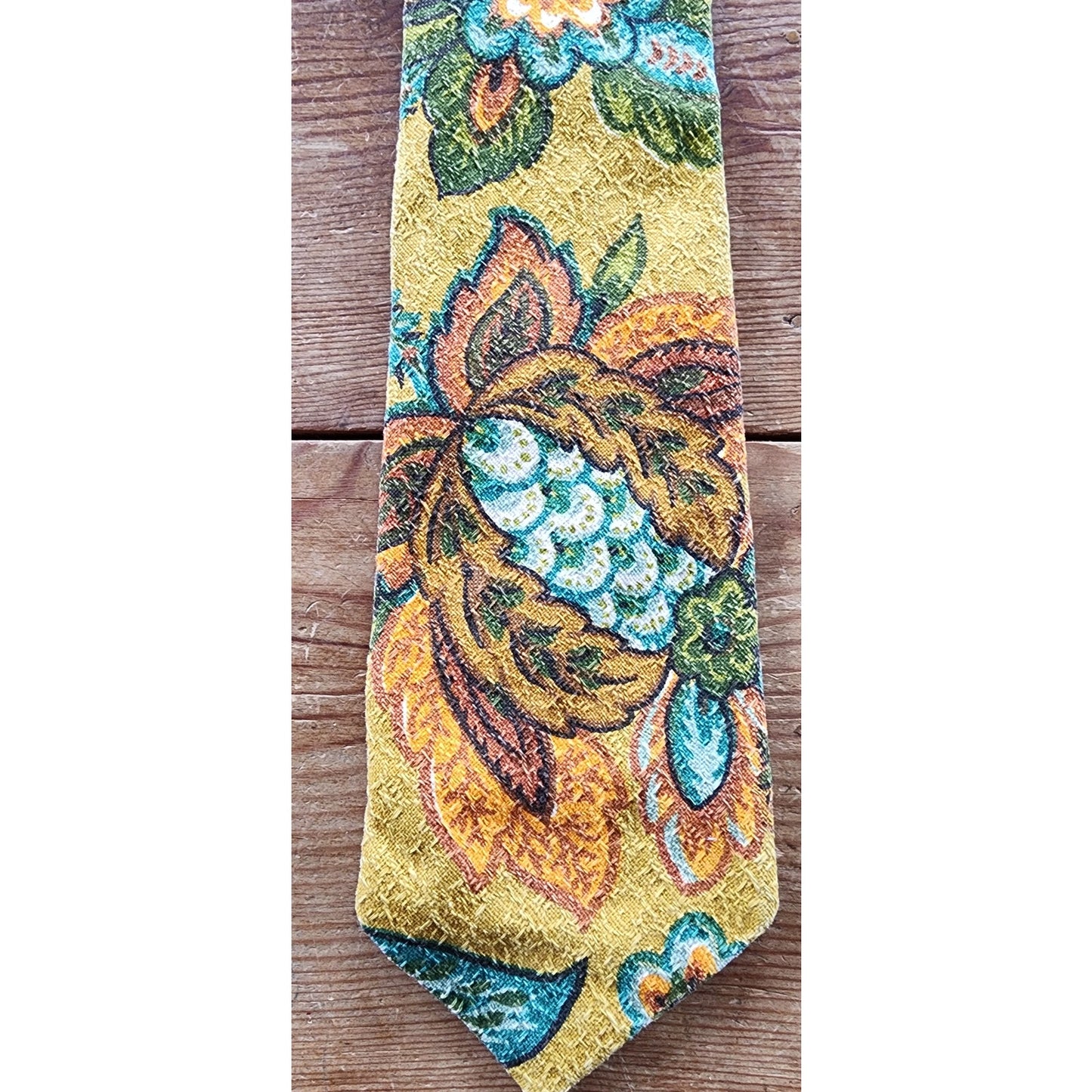Vintage Mens Neck Tie 60s Barkcloth Yellow Floral Print