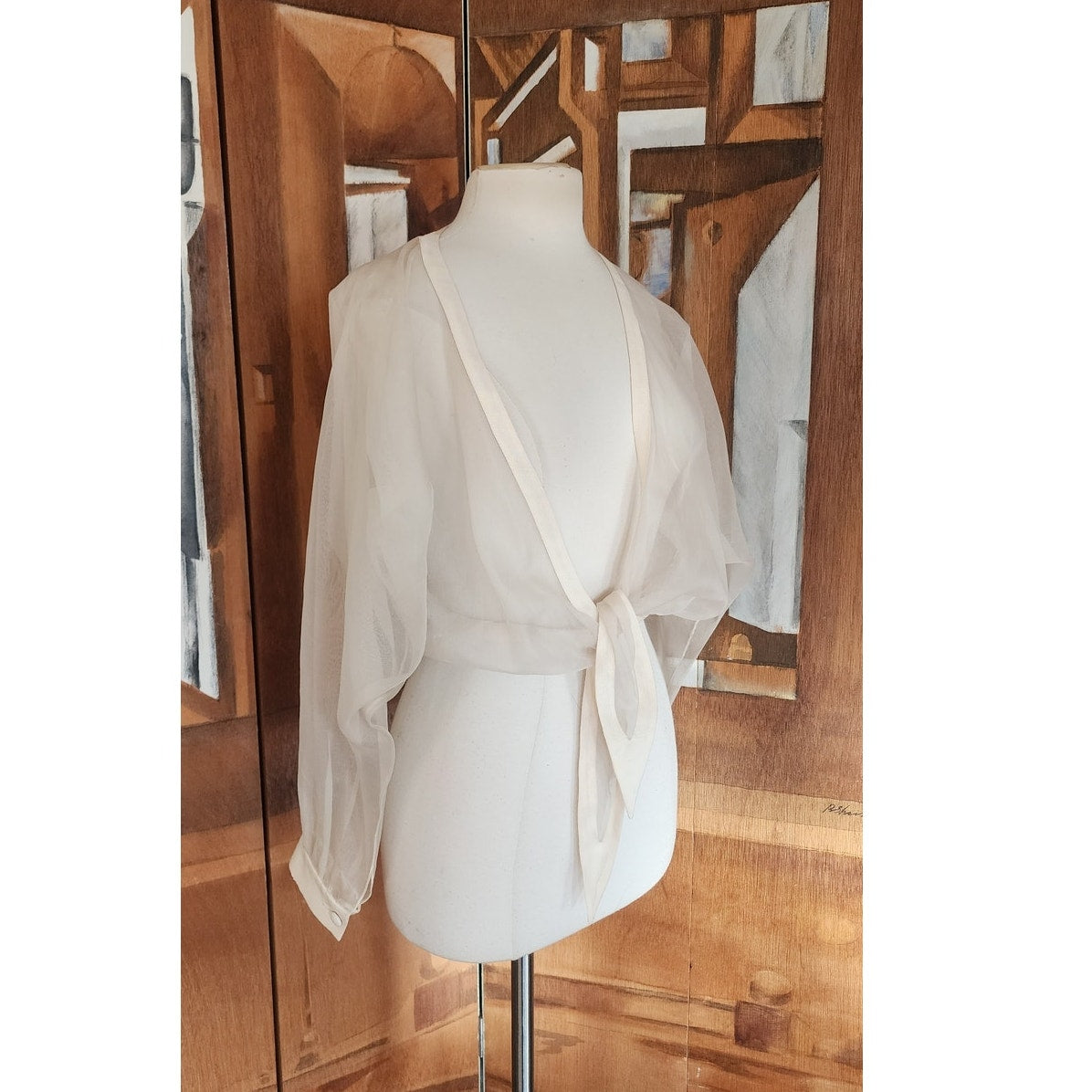 Vintage 90s White Sheer Organza Silk Blouse Tie Front Summer Jacket Victoria March Chicago