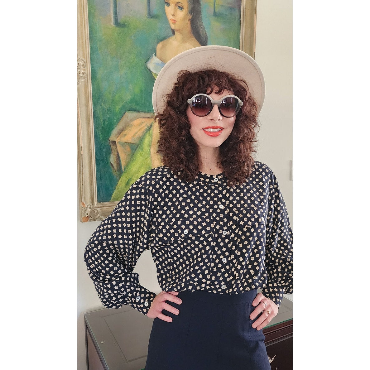 Vintage 80s Escada Blouse Navy Blue White Silkprint Shirt