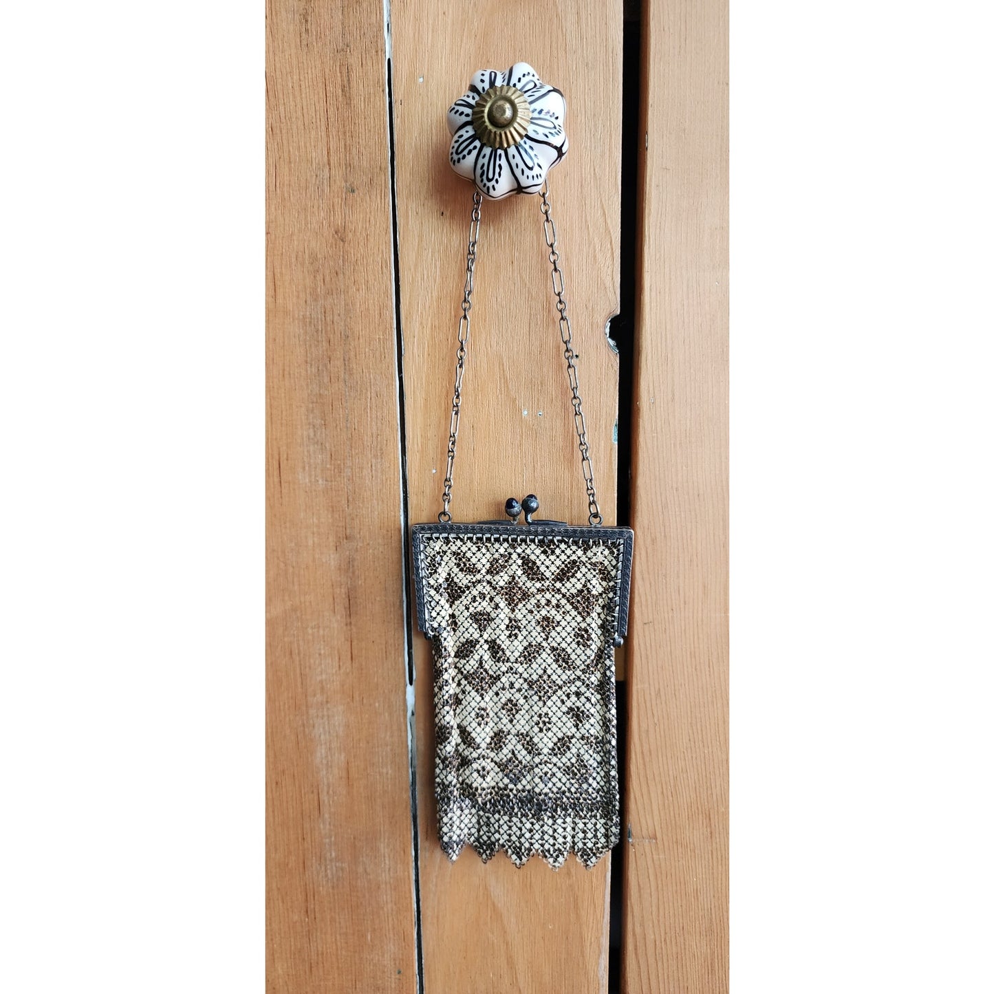 Antique Evening Bag Beaded Mesh Silver Beige 1910s Art Nouveau Mandalian Co