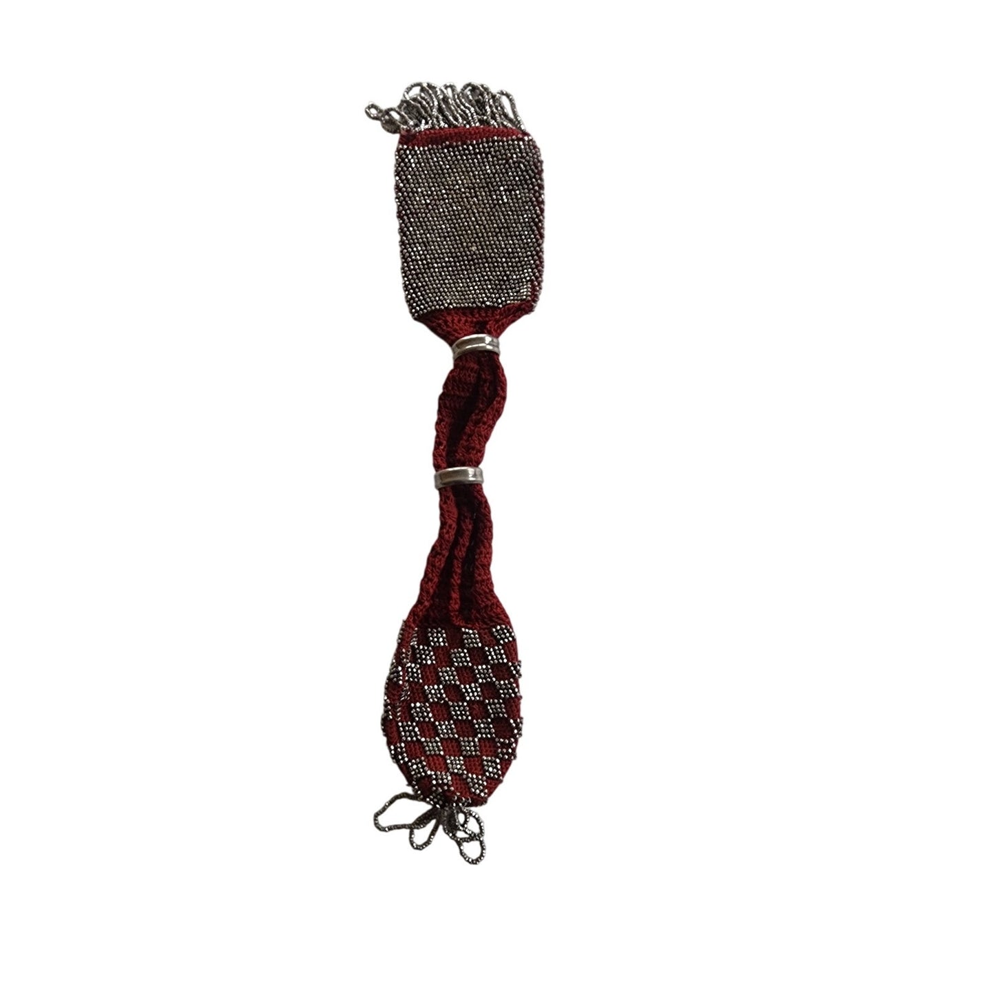Antique Victorian Hand Bag Beaded Miser's Purse Burgundy Red Steel Beads Crochet