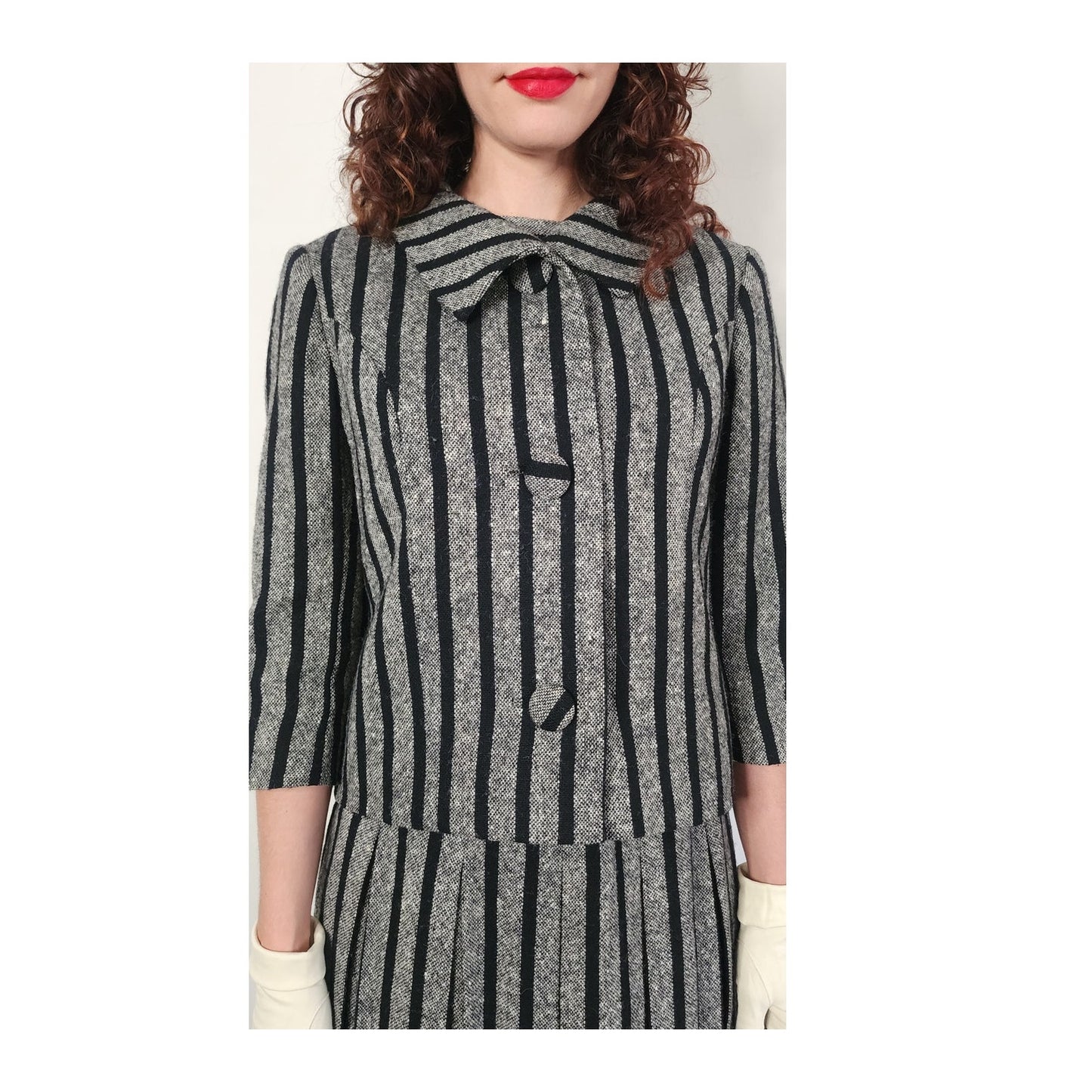 Vintage 1960s Sybil Connolly Skirt Suit Gray Black Striped Wool / Small