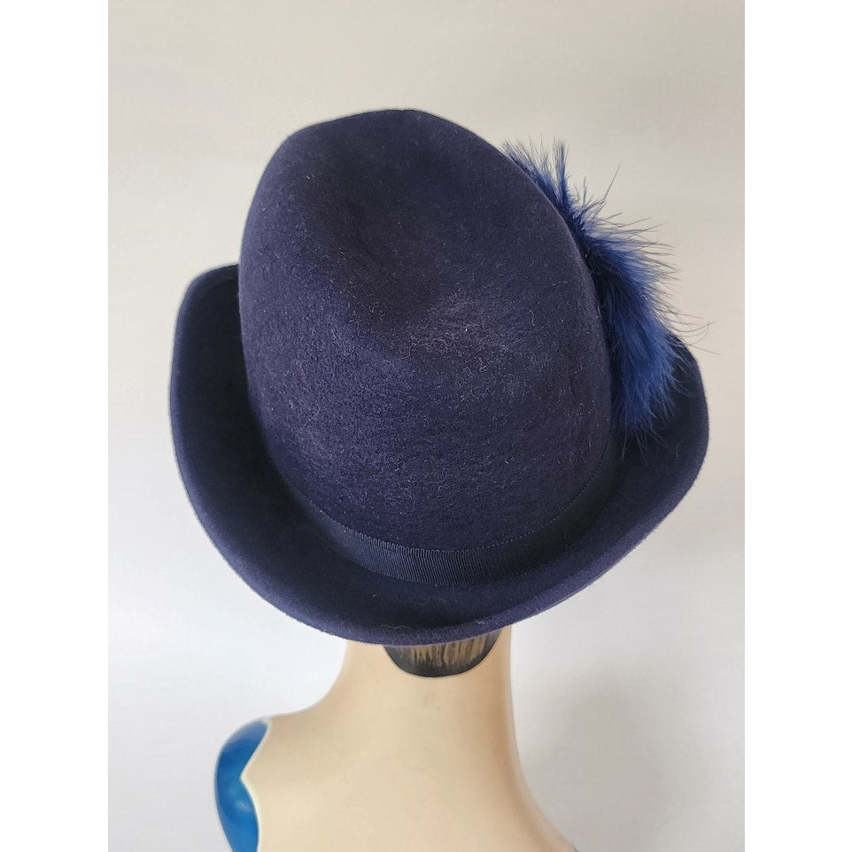 Vintage 1970s Ladies Fedora Blue Wool w/Feather Tally-Ho