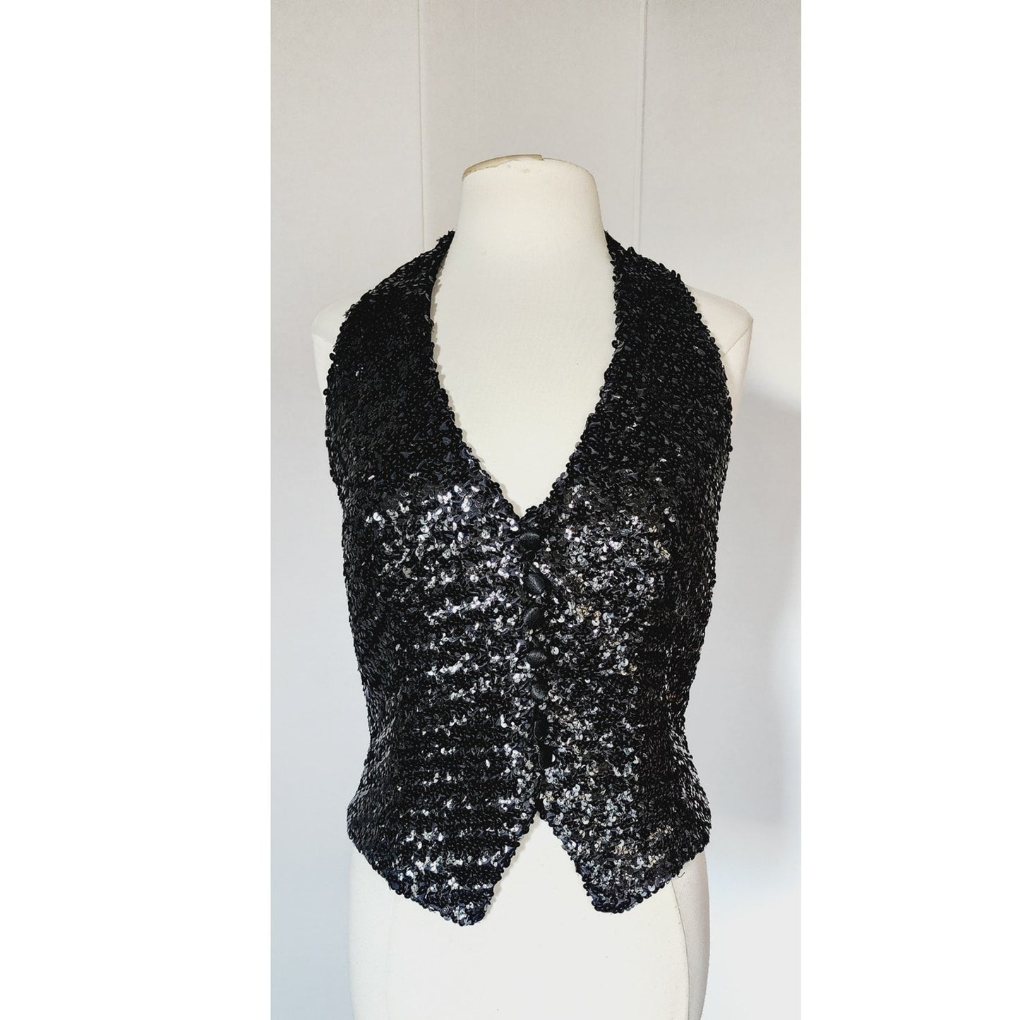 Vintage 70s 80s Halter Top Vest Black Sequins