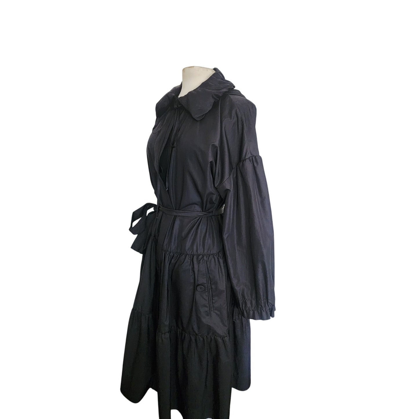 Vintage 2000s Sonia Rykiel Coat Dress / Black Trench Belted Raincoat Ruffled Skirt + Hood / M