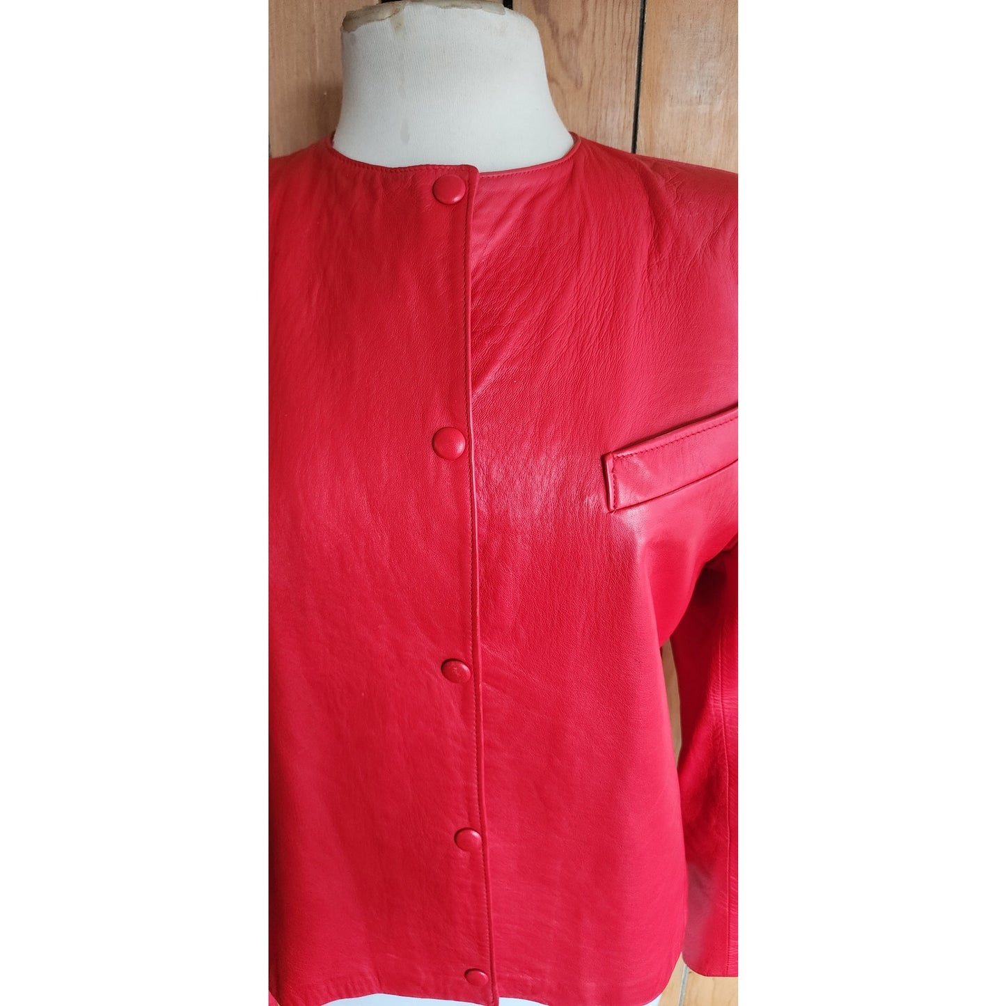 Vintage 80s Red Leather Jacket Snap Front Closure / S