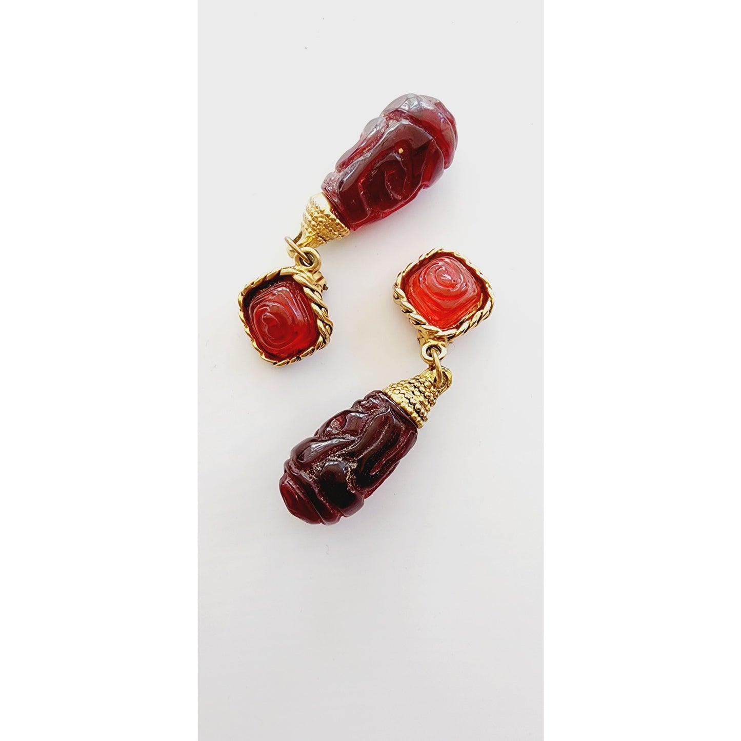 Vintage 80s Dangle Earrings Carved Red Glass Beads & Braided Gold