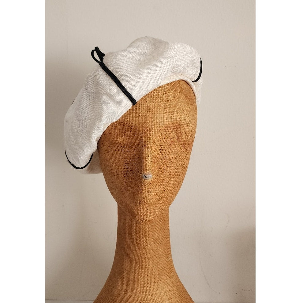 Vintage 60s White Tam Hat Black Seams