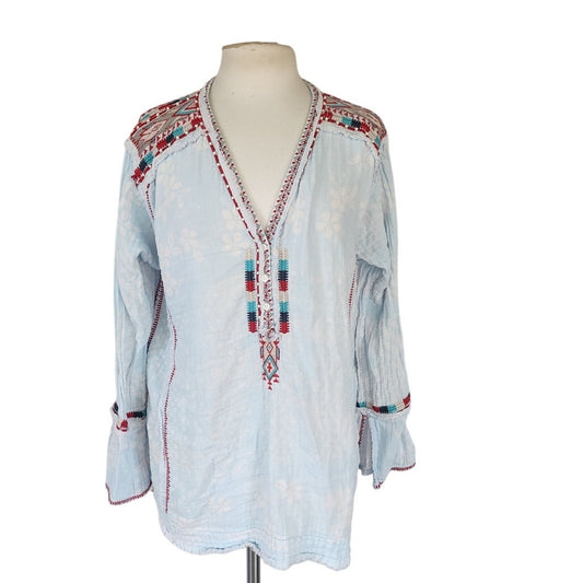 JOHNNY WAS Tunic Top Shirt Light Blue w/Embroidery Long Sleeve