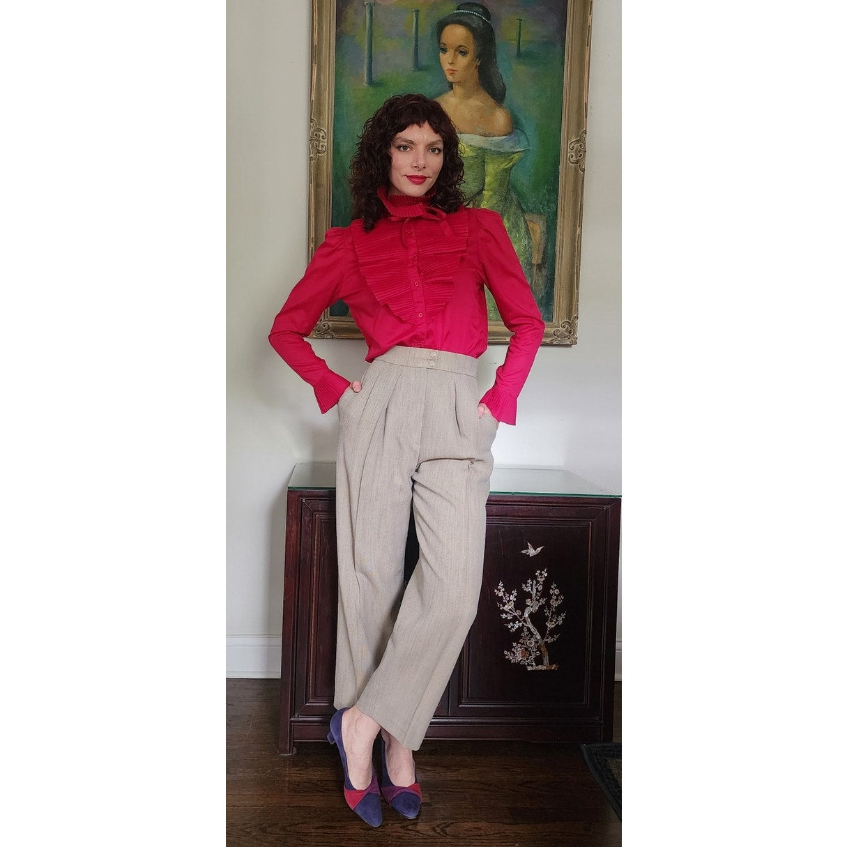Vintage 80s Fuschia Blouse Ruffled Front Shirt 1 Park Ave
