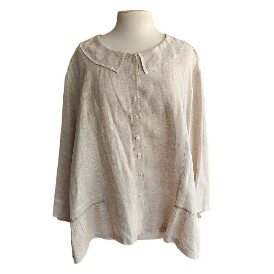 Vintage FLAX Beige Linen Blouse Tunic Top Size 3G
