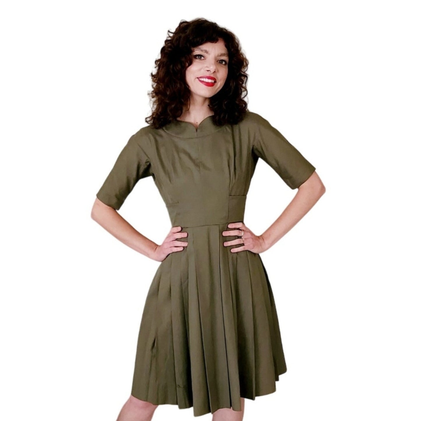 Vintage 50s Jacques Heim Couture Dress Olive Green Wool
