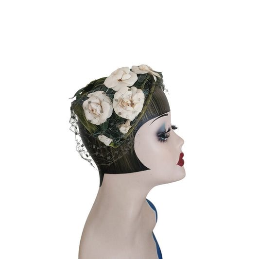 Vintage 50s Flower Hat Green Beige by Paulette Paris