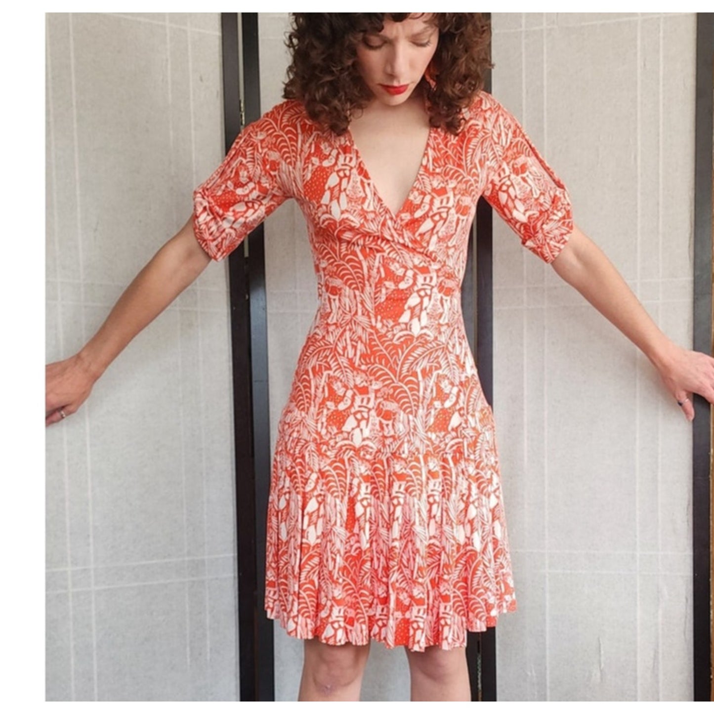 Vintage Y2K Diane von Furstenberg Wrap Dress Orange White Jungle Print