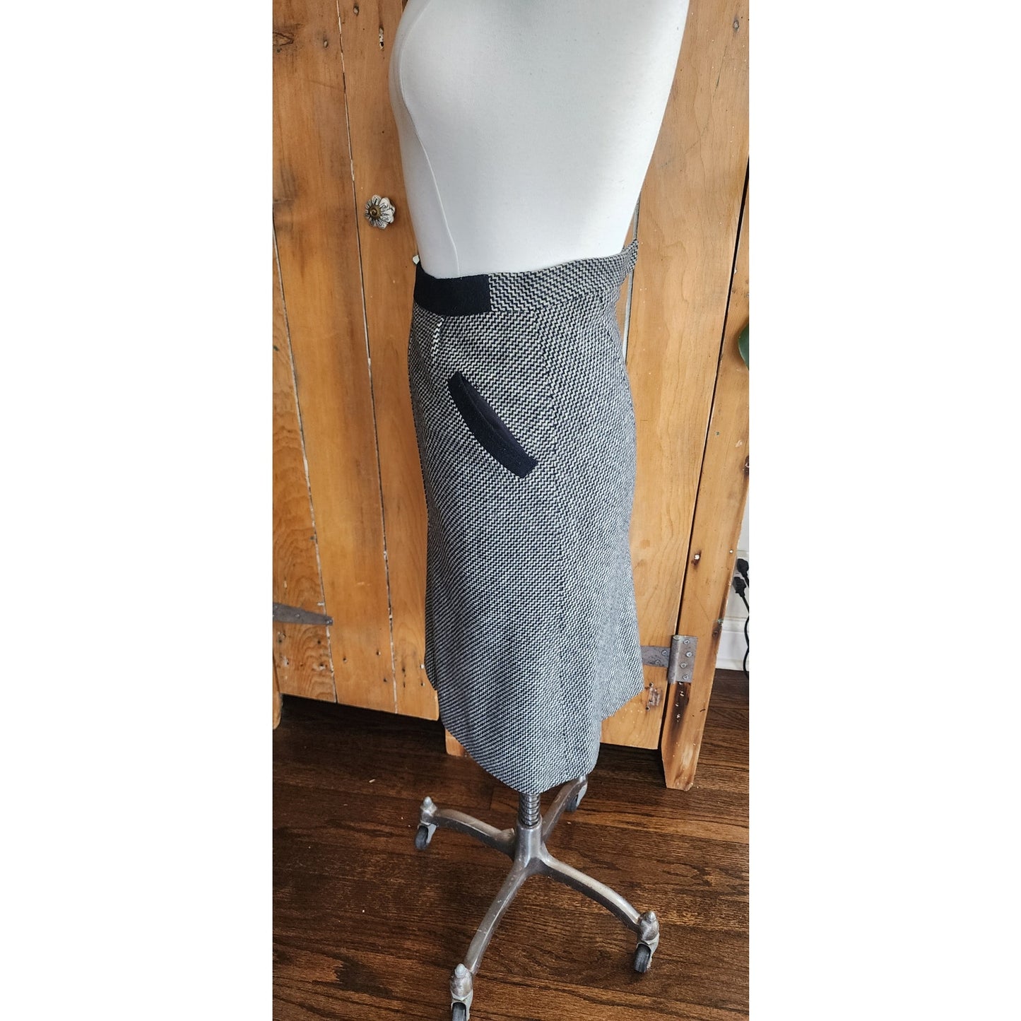 Vintage 90s Wool Coat + Skirt Set in ZigZag Stripe Grey Black / S