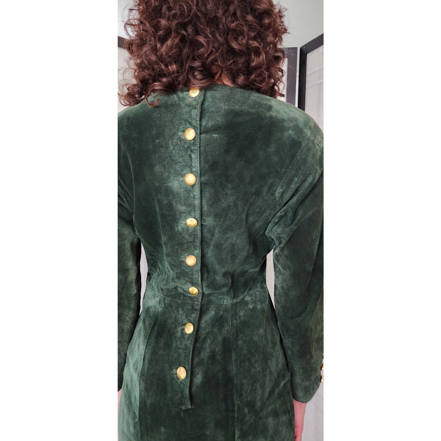 Vintage 80s Green Suede Dress Gold Button Back Firenze