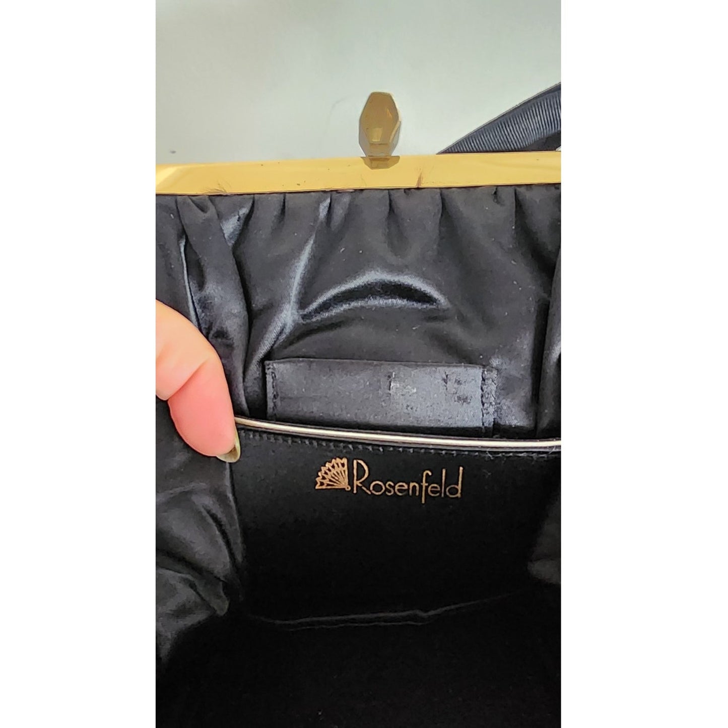 Vintage 40s Rosenfeld Handbag Black Brushed Suede Floral Enamel Frame