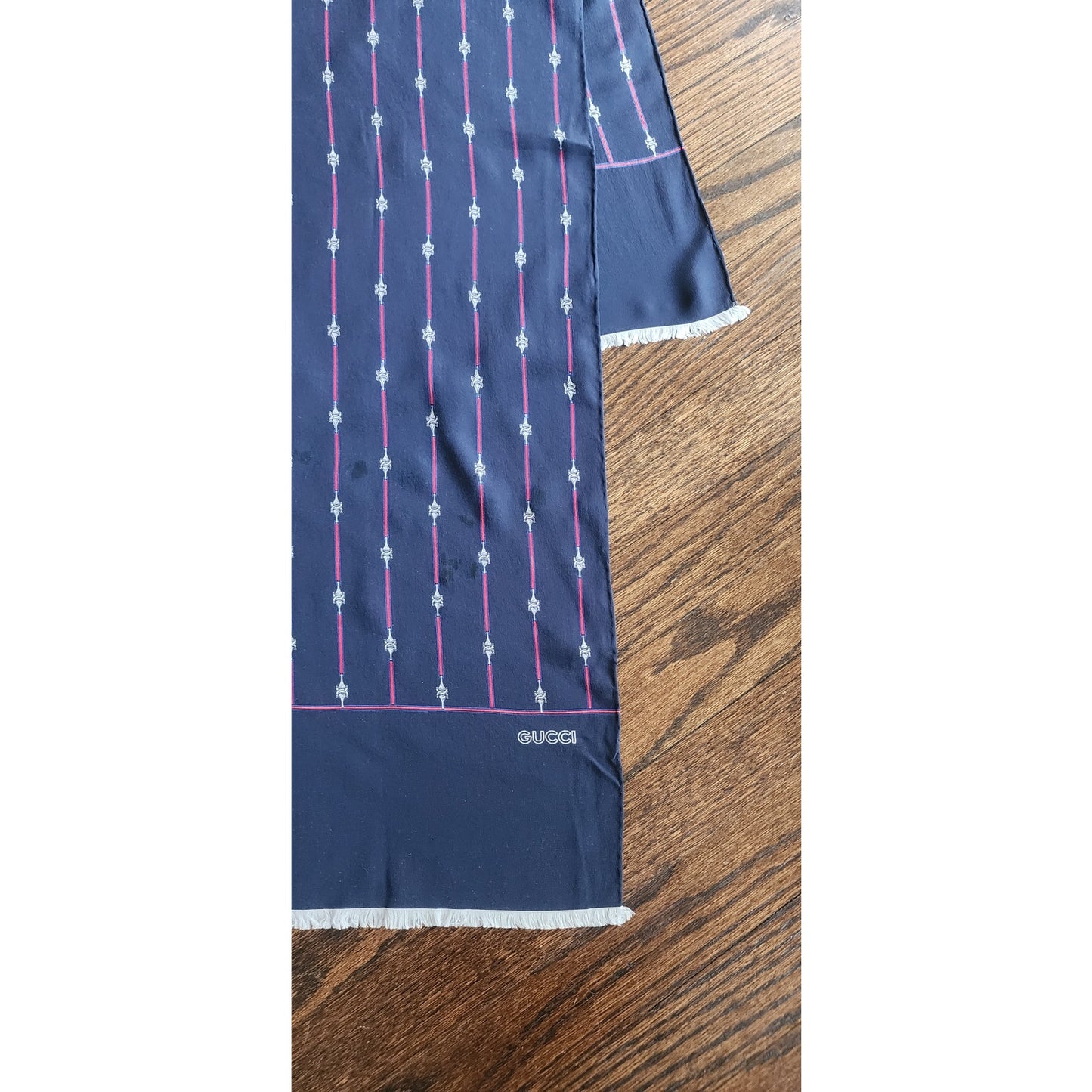 Vintage 70s Gucci Silk Scarf Navy Blue Horsebit Print Rectangular Fringed