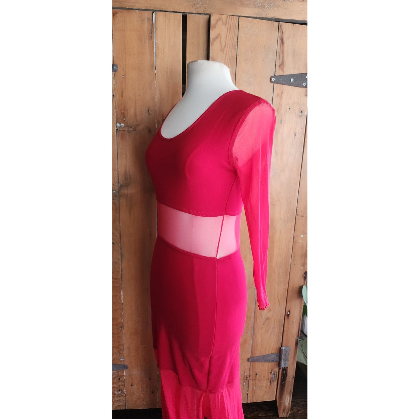 Vintage 90s Red Party Dress Long Bodycon Sheer Panels / Halla / S