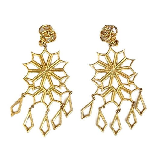 Vintage 1980s Oversized Earrings Gold Snowflake Starbursts