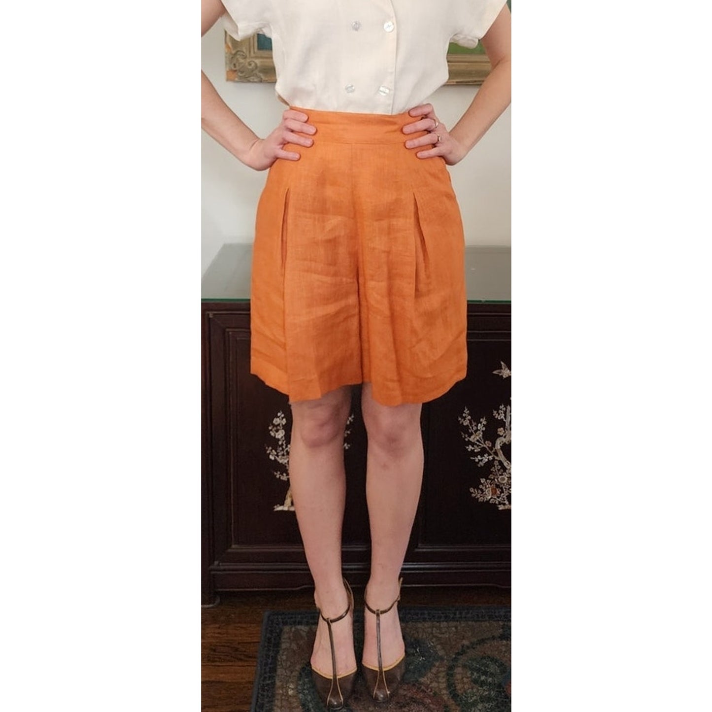 Vintage 1980s Orange Linen Dress Shorts Pleated Front by Perlie / M
