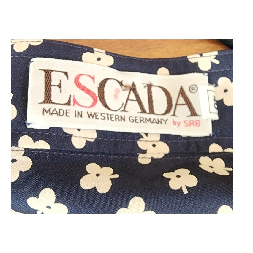 Vintage 80s Escada Blouse Navy Blue White Silkprint Shirt
