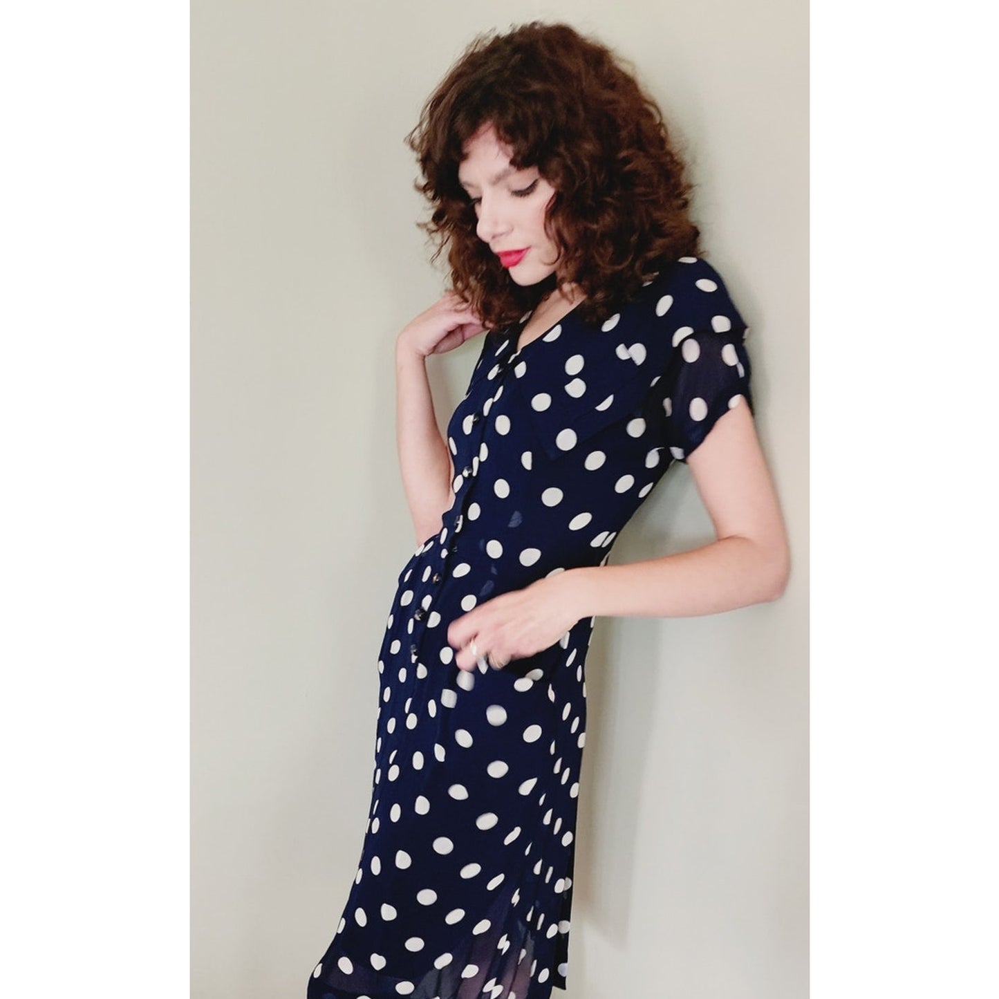Vintage 40s Rayon Print Dress Navy Blue Polkadot  S