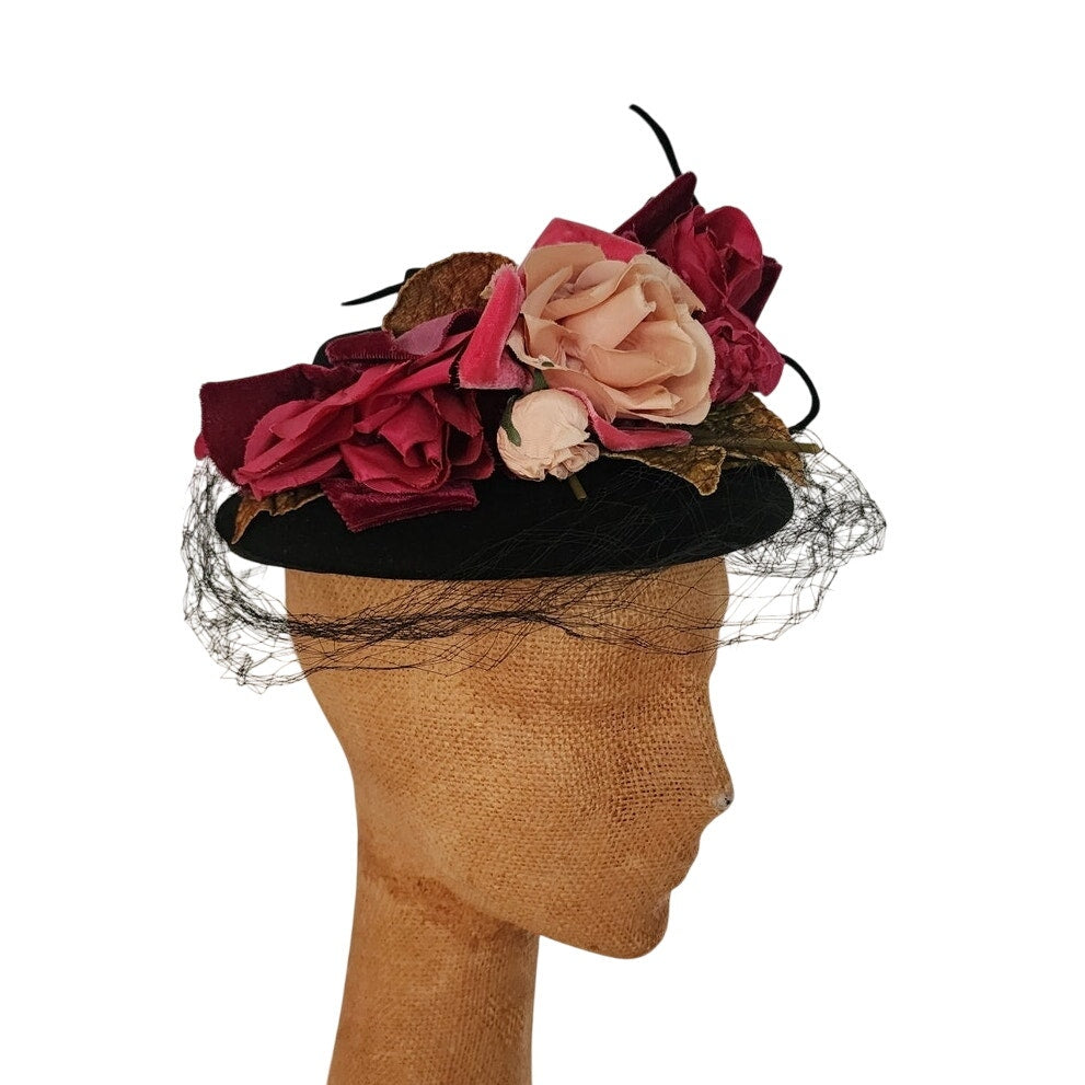 Vintage 1940s Flower Hat Black Wool Silk Floral Marshall Fields New York Creations