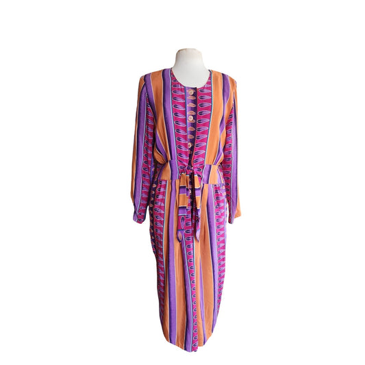 Vintage 1980s Silkprint Dress Purple Orange Stripe Secretary Style Sady King