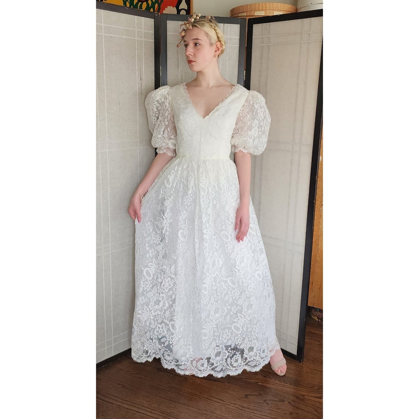 Vintage 80s White Lace Wedding Dress Statement Sleeves