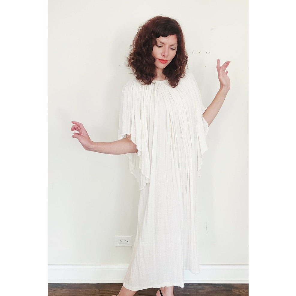 Vintage 1970s Amerikan Climax Tent Dress White Cotton Gauze Angel Butterfly Sleeves