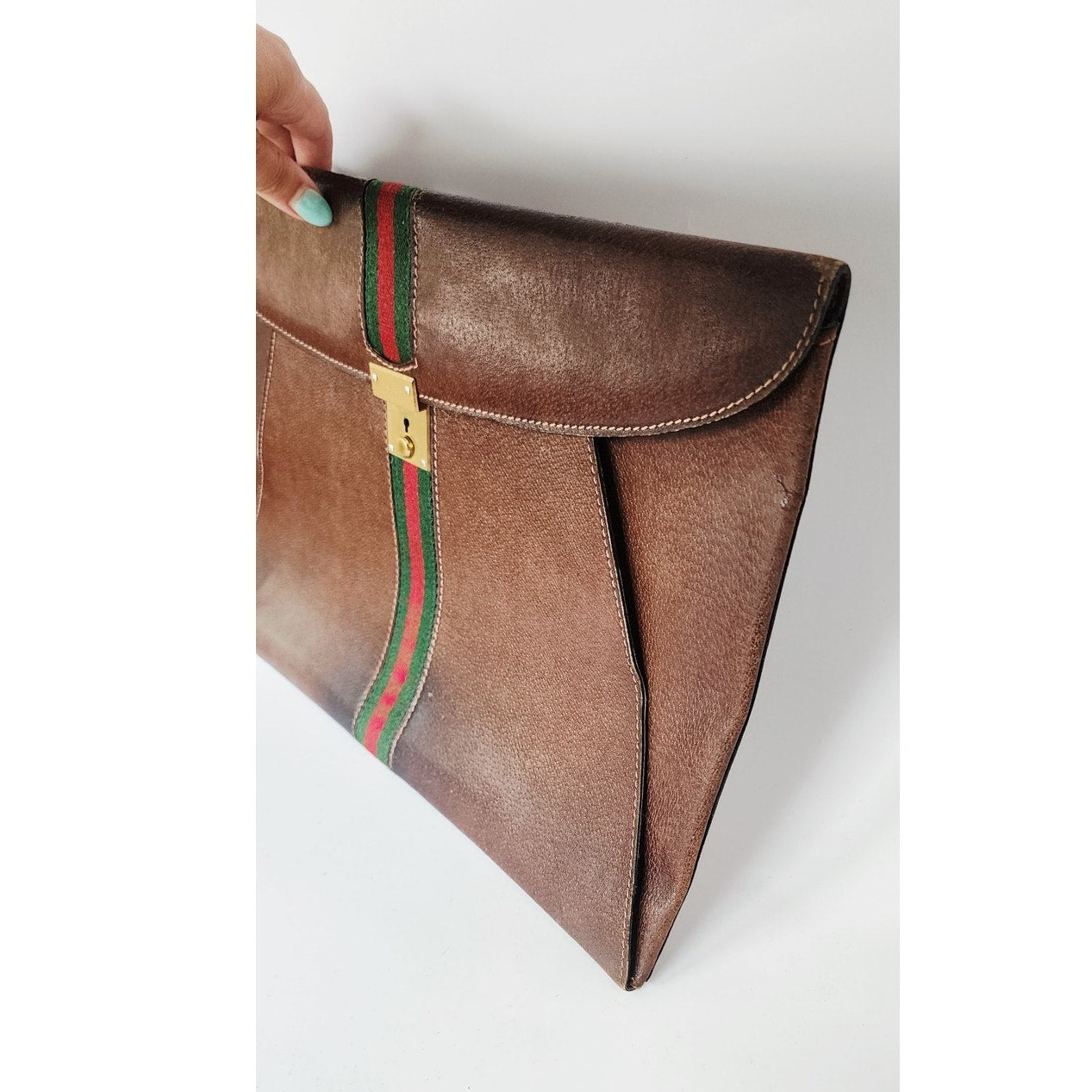 Vintage 1970s Gucci Portfolio Bag Envelope Case Clutch Brown Leather