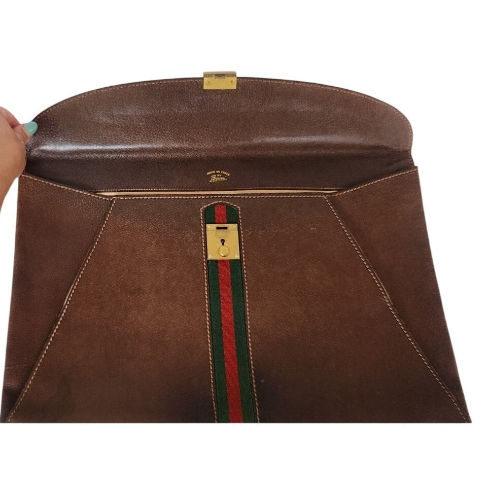 Vintage 1970s Gucci Portfolio Bag Envelope Case Clutch Brown Leather