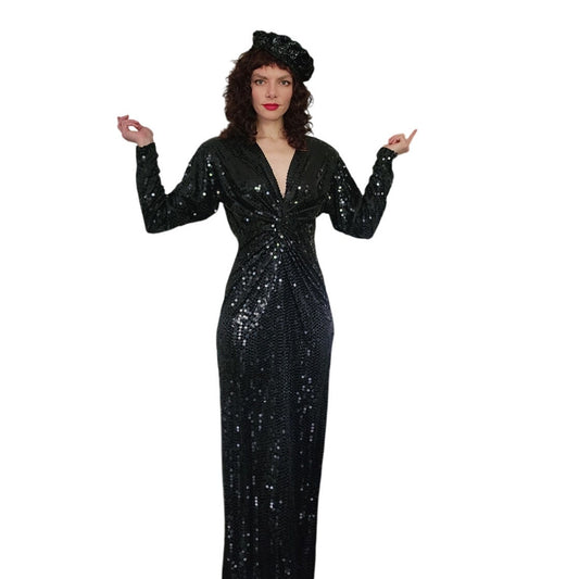 Vintage 1980s Black Sequined Evening Dress Oleg Cassini / M