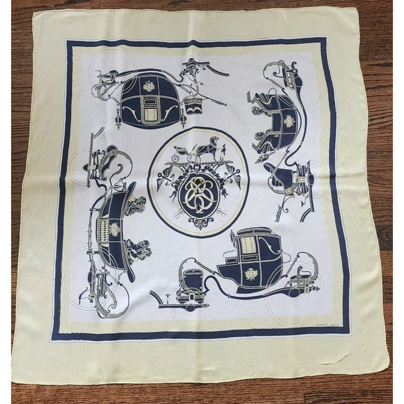 Vintage HERMES Scarf Square Silk Ex-Libris Yellow Hugo Grygkar Horse Carriages