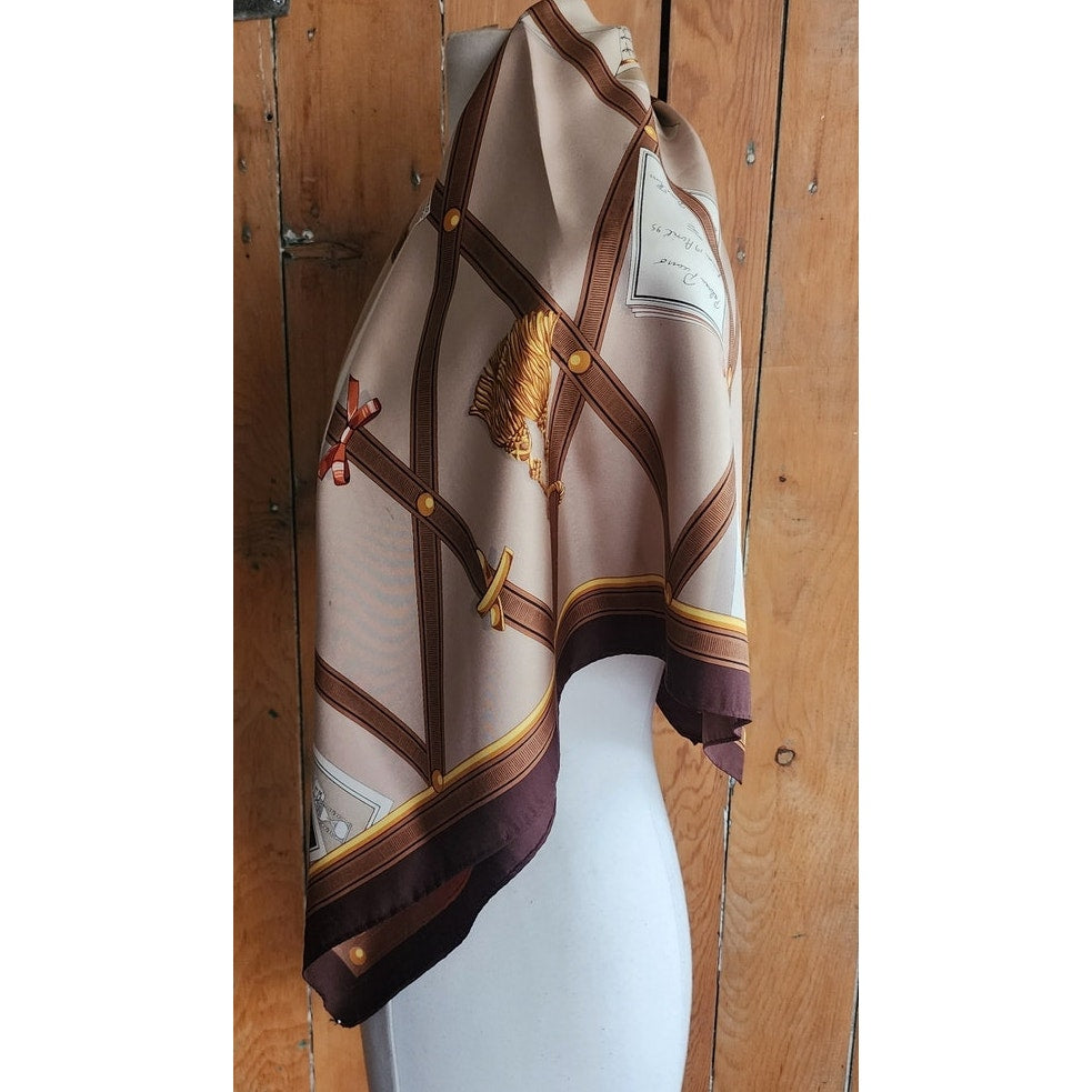 Vintage 90s Paloma Picasso Scarf Silk Brown Beige Novelty Print Bulletin Board