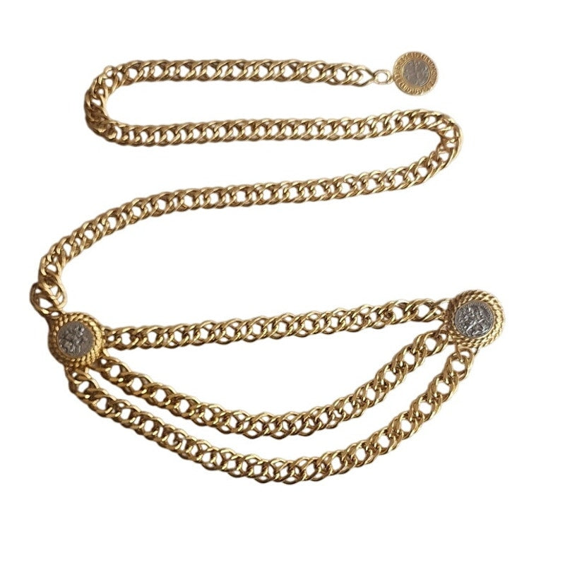 Vintage 90s Coin Belt Gold Chain Bellydancer St George & Silver Cross