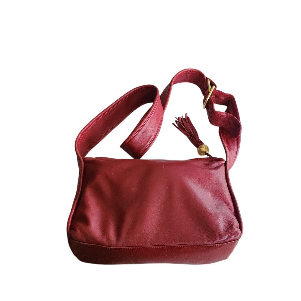 80s Red Leather Shoulder Bag Anne Klein Gold Tassel
