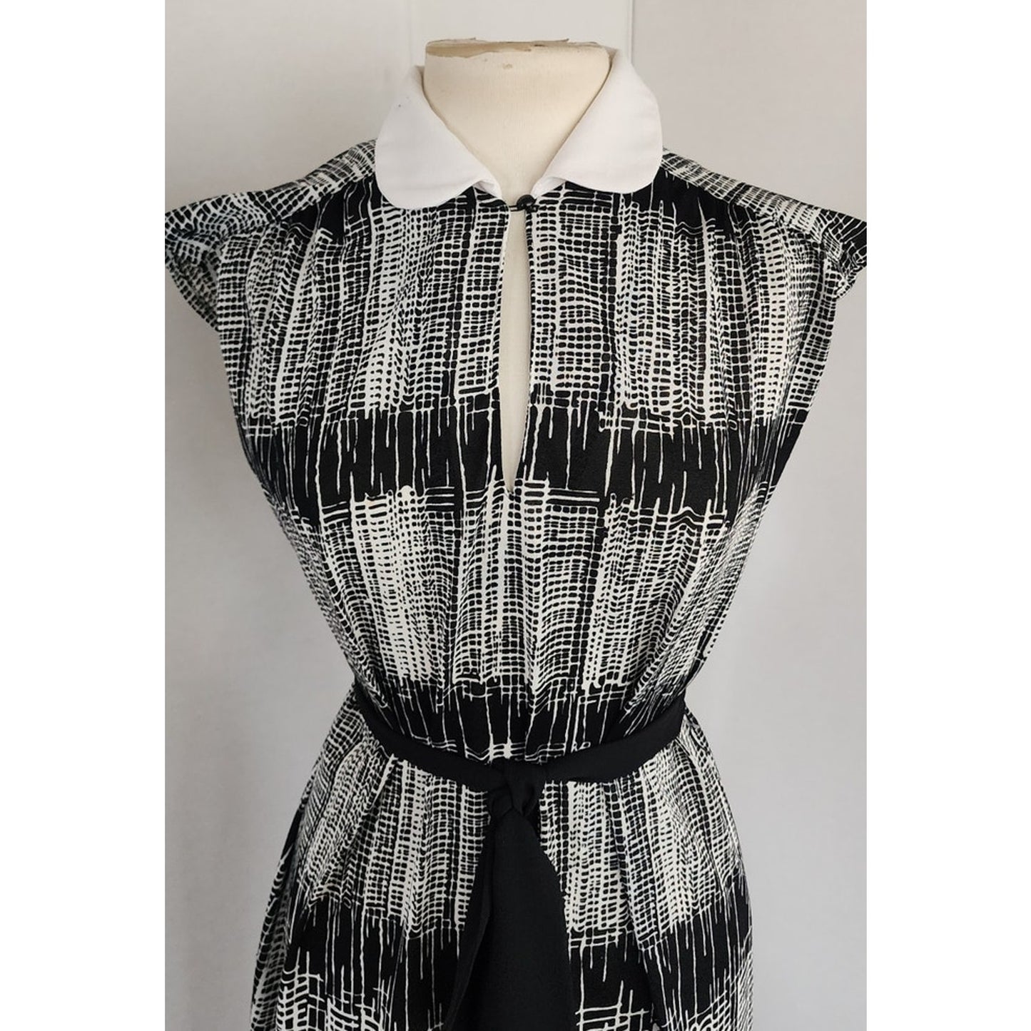 Vintage 70s Day Dress Black White Stripe, Belted, Lady Page