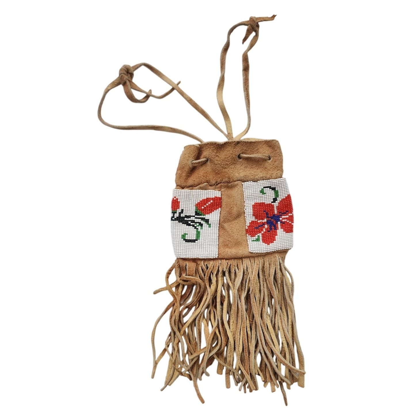 Antique Native American Medicine Bag Embroidered Fringed Suede Plains Indians Pouch