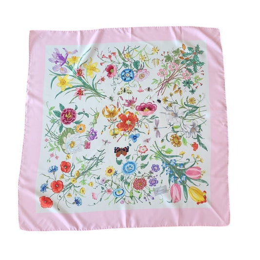 Vintage 60s Gucci Scarf Silk Print Flora Accornero Flowers Butterflies Insects Pink