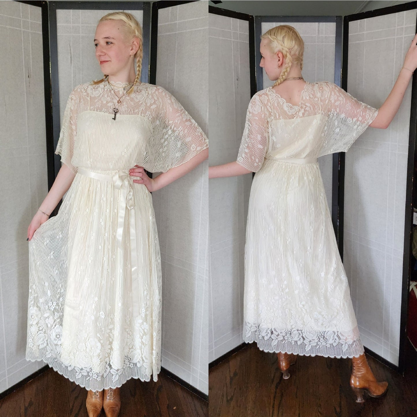 Vintage 70s Cream Lace Dress Elastic Waist Boho Bride