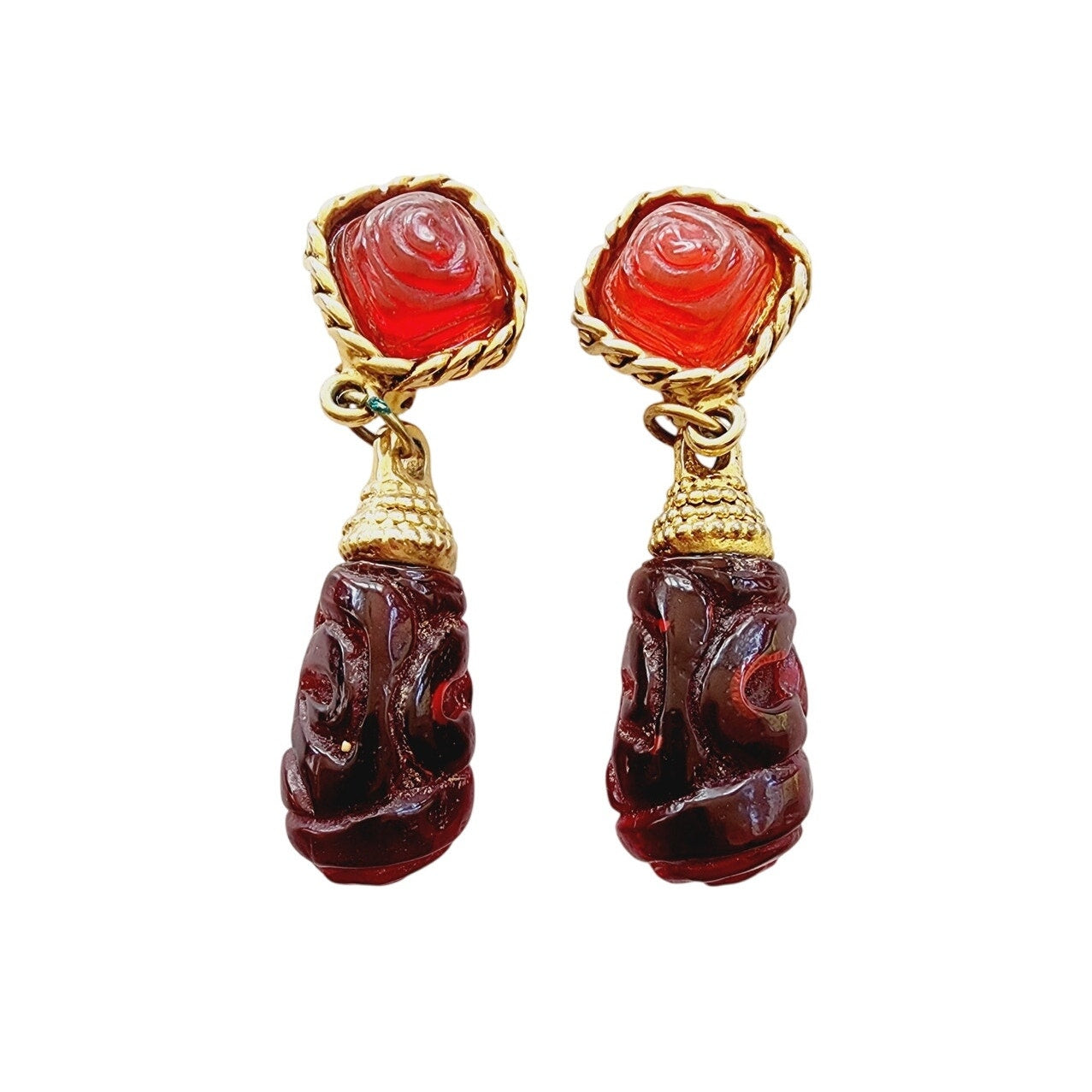 Vintage 80s Dangle Earrings Carved Red Glass Beads & Braided Gold
