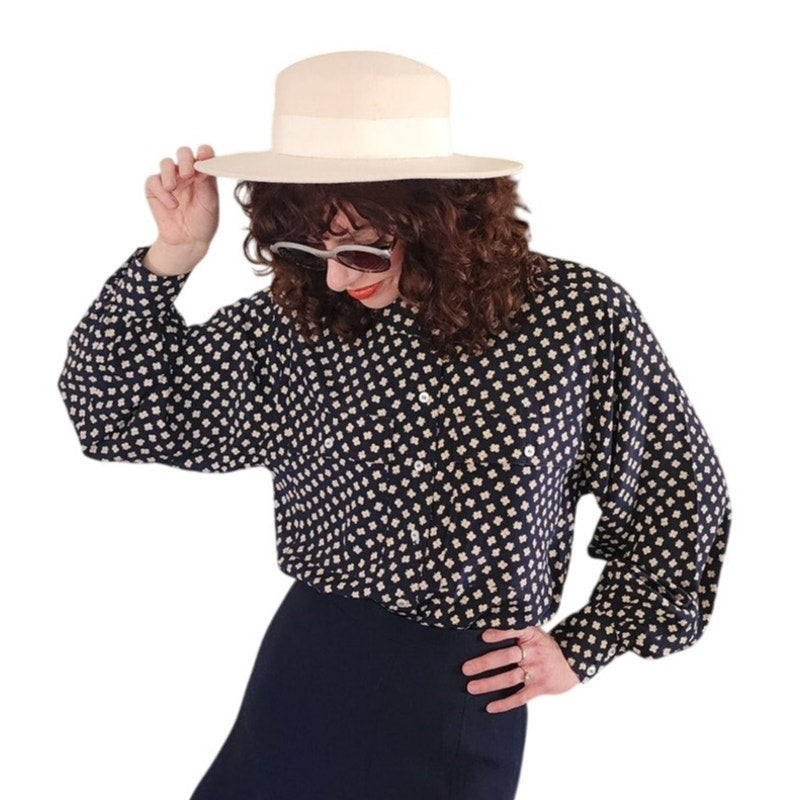Vintage 80s Escada Blouse Navy Blue White Silkprint Shirt