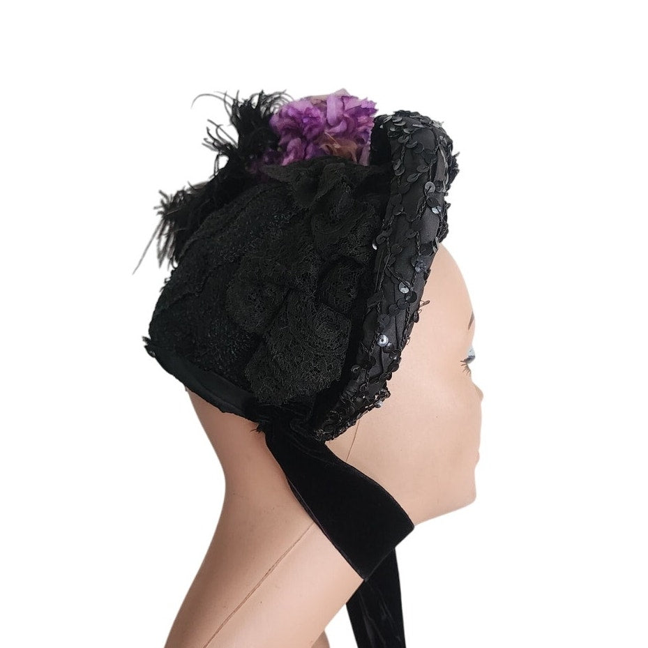 Antique Victorian Black Bonnet Hat Feathers Sequins Lace & Purple Flowers